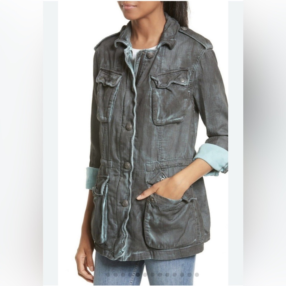 Free People Double Cloth Utility Wash Military Surplus Jacket Teal Grey Sz Xs